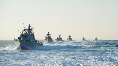 A fleet of Israeli Navy boats patrolling the waters in the Mediterranean Sea off the coast of Gaza. Credit: IDF Spokesperson's Unit.