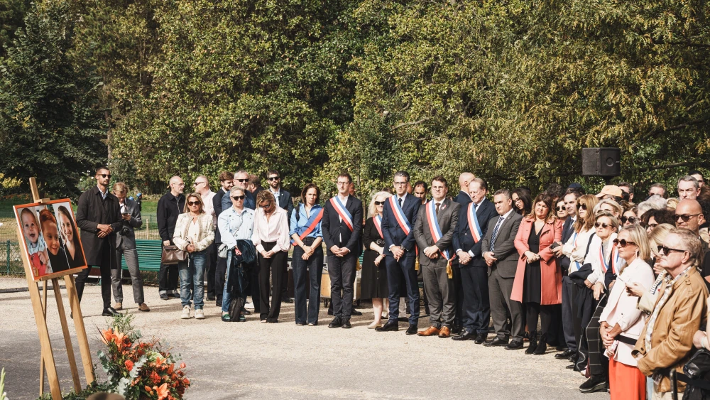 A general view of the inauguration of the Ariel and Kfir Bibas walkway, named after the children who were kidnapped and murdered during the terrorist attack in Israel on Oct. 7, 2023, in Paris, France, Oct. 6, 2026. Photo by Carine Schmitt / Hans Lucas / AFP via Getty Images.