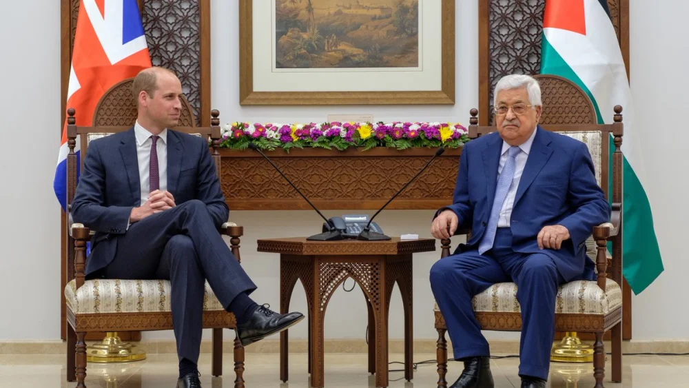 Prince William with Palestinian Authority leader Mahmoud Abbas in Ramallah. Credit: Kensington Palace via Twitter.