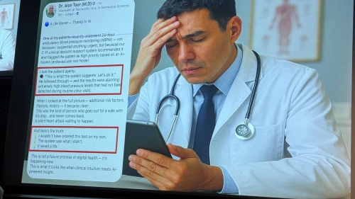 At Tel Aviv University's AI and Health Day conference on Dec. 8, 2025, Prof. Ron Balicer, chief innovation officer and deputy director-general of Clalit Health Services, shared a post by Dr. Alon Toor titled “A Life Saved—Thanks to AI,” describing how an AI-based clinical decision-support system flagged a patient for urgent testing. Photo by Howard Blas.