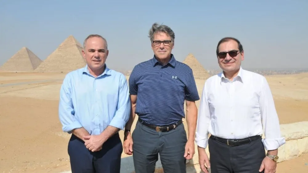 From left: Israeli Energy Minister Yuval Steinitz, U.S. Energy Secretary Rick Perry and Egyptian Energy Minister Tariq al-Mulla, July 25, 2019. Credit: Courtesy.
