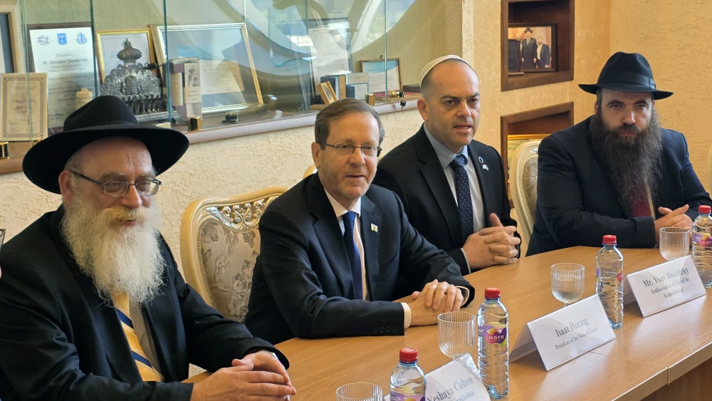 Isaac Herzog, second from left, and Yoav Bistritsky meet with Rabbi Yeshaya Cohen and other rabbis in Astana, Kazakhstan, April 28, 2026. Photo by Canaan Lidor.