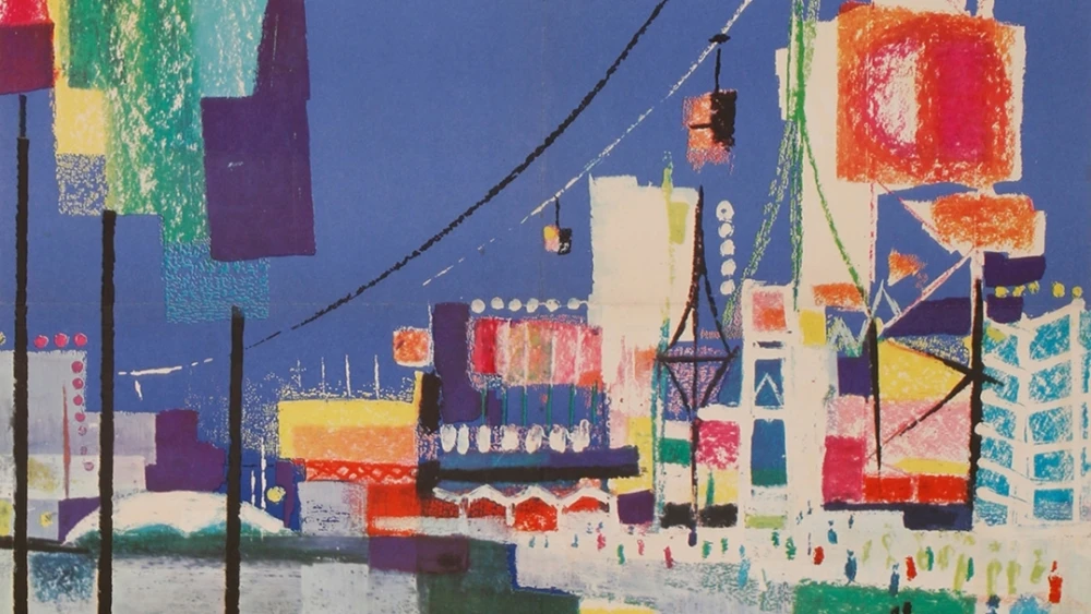 The 1959 grand opening of “The 5th Levant Fair” celebrated Tel Aviv’s jubilee year at the new Tel Aviv Fairgrounds location. Poster by Dan Reisinger.