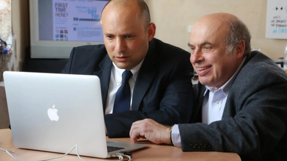 From Jerusalem, Israeli Minister of Diaspora Affairs Naftali Bennett (left) and Chairman of the Executive for the Jewish Agency for Israel Natan Sharansky join world Jewry's first online jam session on Feb. 18. Credit: Sasson Tiram.