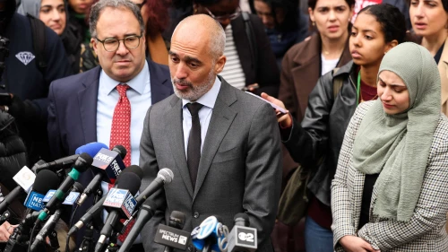 The legal team of Mahmoud Khalil, Ramzi Kassem (center) and Baher Amzy (left) speak to the press outside of the Thurgood Marshall Courthouse, where a hearing is underway regarding Khalil's arrest, in New York City on March 12, 2025. Photo by Charly Triballeau/AFP via Getty Images.