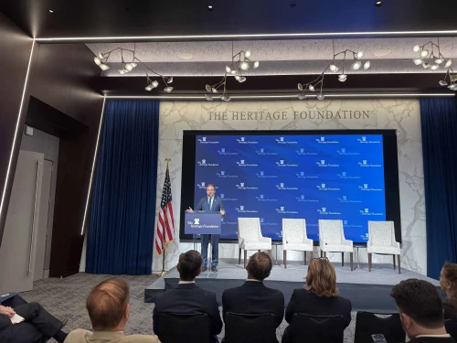 Rev. Johnnie Moore, executive chairman of the Gaza Humanitarian Foundation, speaks at the Heritage Foundation in Washington, D.C., July 31, 2025. Credit: Andrew Bernard.