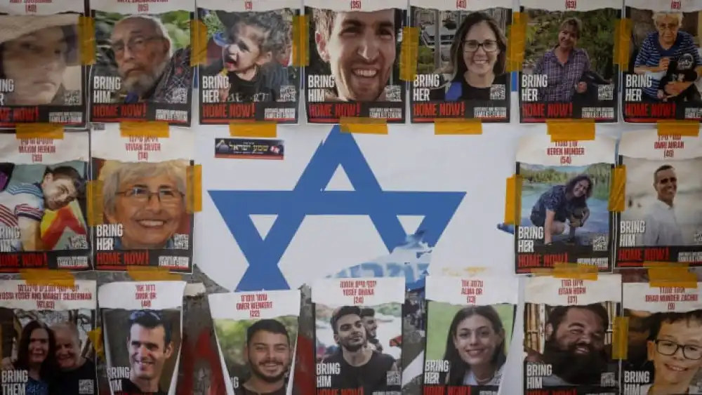 Pictures of civilians held hostage by Hamas terrorists in Gaza, in Jerusalem, Nov. 14, 2023. Photo by Chaim Goldberg/Flash90.