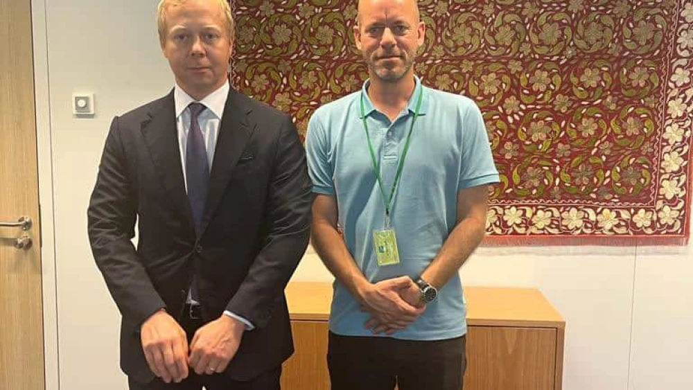 E.U. Special Representative for the Middle East Peace Process Sven Koopmans (left) and French-Palestinian terrorist Salah Hamouri meet in Brussels, Sept. 7, 2023. Photo by Freedom for Salah Hamouri.