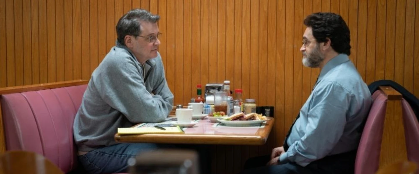 Actors Colin Firth and Michael Stuhlbarg as Michael Peterson and David Rudolf in HBO Max’s “The Staircase.” Courtesy of HBO Max.