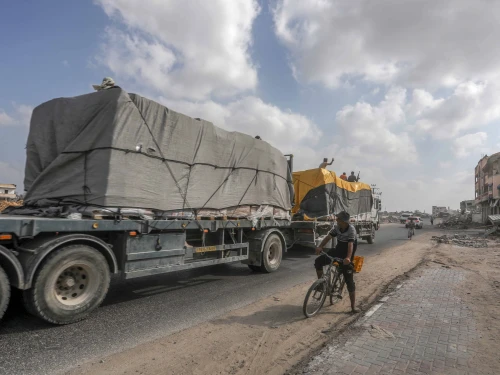 Trucks loaded with International humanitarian aid enter Gaza through the Israeli Kerem Shalom Crossing, in the southern Gaza Strip, on July 1, 2024. Photo by Abed Rahim Khatib/Flash90.