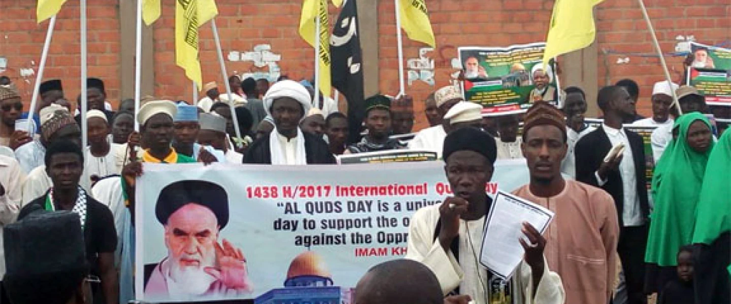 Iran sponsored an Al-Quds Day rally in Yola, Nigeria, in 2017. Iran’s Al-Mustafa International University is responsible for exporting Tehran’s revolutionary ideology. The university’s goal is to spread anti-American ideology and to “liberate Palestine” and “eradicate Israel.” Credit: Middle East Forum.