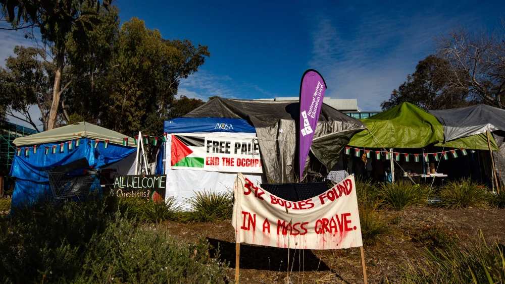 A Gaza solidarity encampment is seen during a pro-Palestinian protest inside the Australian National University on June 14, 2024 in Canberra, Australia. Photo by George Calvelo/Getty Images.