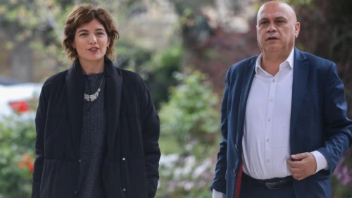 Tamar Zandberg and Issawi Frej of the Meretz Party arrive for a meeting with Israeli President Reuven Rivlin at the President's Residence in Jerusalem on April 16, 2019. Photo by Noam Revkin Fenton/Flash90.