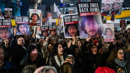People attend a rally calling for the release of Israelis held hostage by Hamas terrorists in Gaza at "Hostage Square" in Tel Aviv, Jan. 27, 2024. Photo by Avshalom Sassoni/Flash90.