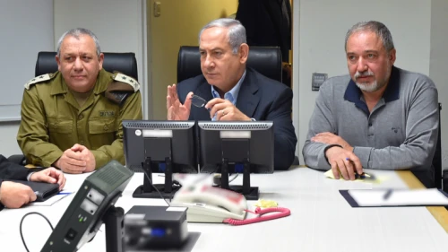 Israeli Prime Minister Benjamin Netanyahu, Defense Minister Avigdor Lieberman and IDF Chief of Staff Gadi Eizenkot attend a security council meeting at IDF Headquarters, following the crash of an F-16 plane on Feb. 10, 2018. Photo by Ariel Hermony/Ministry of Defense.