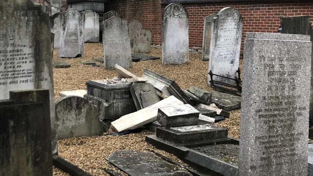 A view of the smashed headstones at the Chatham Memorial Synagogue cemetery near London, October 2019. Source: Twitter via Dalia Halpern.