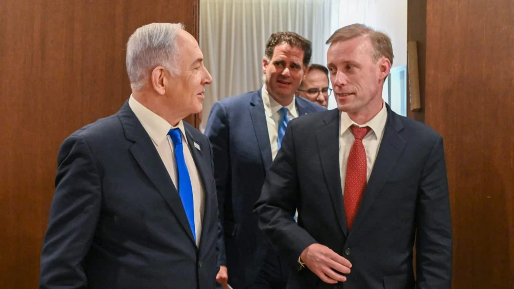 Israeli Prime Minister Benjamin Netanyahu, Israeli Strategic Affairs Minister Ron Dermer (center) and U.S. National Security Advisor Jake Sullivan in Jerusalem, May 19, 2024. Photo by Kobi Gideon/GPO.