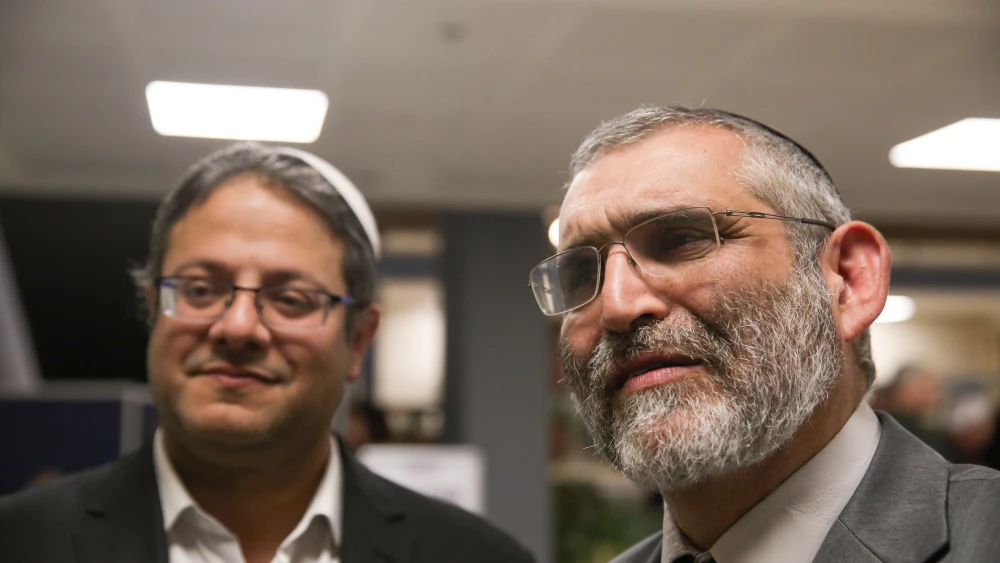 Itamar Ben-Gvir (left) and Michael Ben-Ari of the Otzma Yehudit Party outside the elections committee, where political parties running for a spot in the upcoming Israeli elections present their party list, on Feb. 21, 2019. Photo by Yonatan Sindel/Flash90.