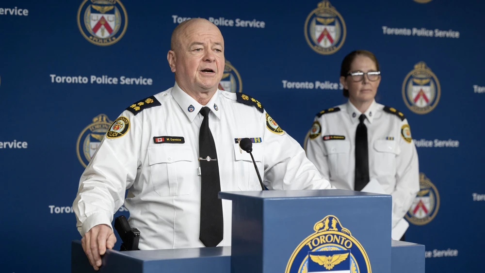 Toronto Police Chief Myron Demkiw announces the arrest of a suspect in connection with a shooting incident at a Jewish-owned restaurant in Toronto, on April 8, 2026. Credit: Toronto Police.