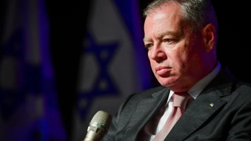 Ukraine's ambassador to Israel, Yevgen Korniychuk, speaks during a conference in Jaffa, June 7, 2022. Photo by Avshalom Sassoni/Flash90.