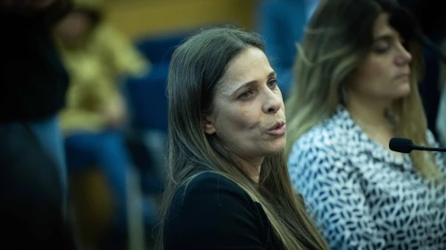 Nasrin Yosef, a Druze from Moshav Yated who saved fellow Israelis' lives there on Oct. 7, speaks during a conference at the Knesset in Jerusalem on women's heroism in the "Swords of Iron" War, Feb. 13, 2024. Photo by Yonatan Sindel/Flash90.