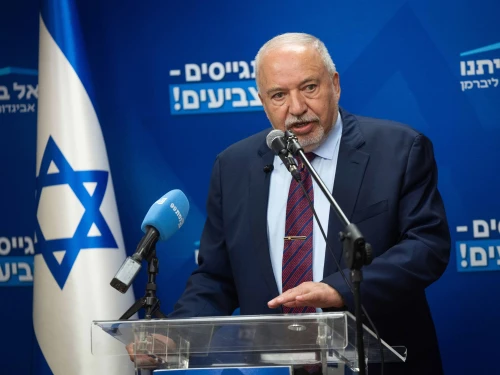 Yisrael Beiteinu Party chief Avigdor Liberman leads a faction meeting at the Knesset, the Israeli parliament in Jerusalem, Feb. 9, 2026. Photo by Yonatan Sindel/Flash90.