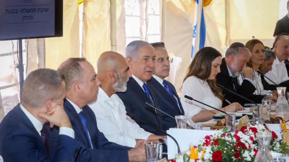Israeli Prime Minister Benjamin Netanyahu leads the weekly cabinet meeting in the Jordan Valley in southern Israel on Sept. 15, 2019. Photo by Marc Israel Sellem/POOL.