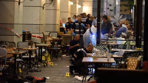 Click photo to download. Caption: Israeli security forces at the scene where Palestinian terrorists opened fire and killed four people at the Sarona market in Tel Aviv on June 8. Credit: Gili Yaari/Flash90.