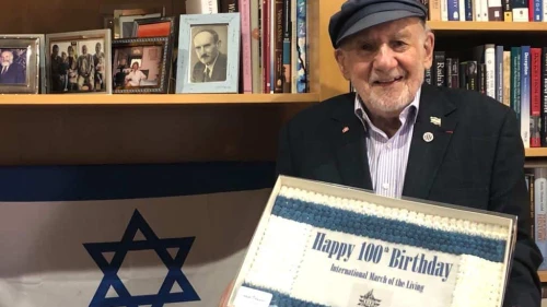 Kindertransport survivor Walter Bingham celebrates his 100th birthday in Jerusalem, Jan. 4, 2024. Credit: International March of the Living.
