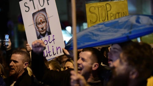A protest against the Russian invasion of Ukraine, outside the Russian Embassy in Tel Aviv, March 5, 2022. Photo by Tomer Neuberg/Flash90.