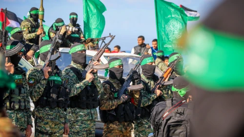 Hamas terrorists in Gaza City, Feb. 1, 2025. Photo by Ali Hassan/Flash90.