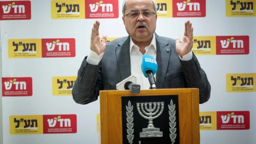 Israeli Arab lawmaker Ahmad Tibi of the Hadash-Ta'al Party speaks at a faction meeting at the Knesset, Feb. 19, 2024. Photo by Yonatan Sindel/Flash90.