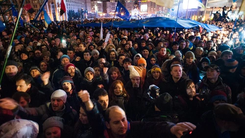 A “Euromaidan” protest on Nov. 27, 2013 in Kiev, Ukraine. Due to the ongoing protests, which began over Ukrainian President Viktor Yanukovych’s decision to freeze plans to join a free trade agreement with the European Union, some Ukrainian-Jewish leaders canceled events out of fear that Jews may be targeted. Credit: Mstyslav Chernov via Wikimedia Commons.