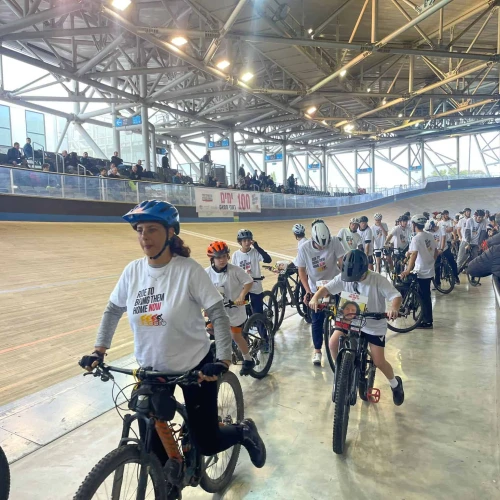Cyclists join the solidarity ride at Tel Aviv's National Sylvan Adams National Velodrome marking 100 days of captivity for those being held by Hamas in Gaza, Jan. 14, 2024. Credit: Courtesy.