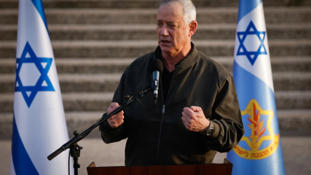 Israeli Defense Minister Benny Gantz gives a statement to the media at the IDF Central Command headquarters in Jerusalem on March 30, 2022. Photo by Olivier Fitoussi/Flash90.