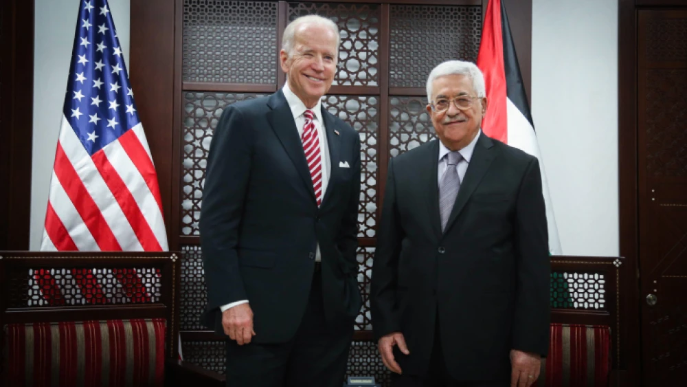 Then-U.S. Vice President Joe Biden with Palestinian Authority chief Mahmoud Abbas in Ramallah, March 9, 2016. Credit: Flash90.