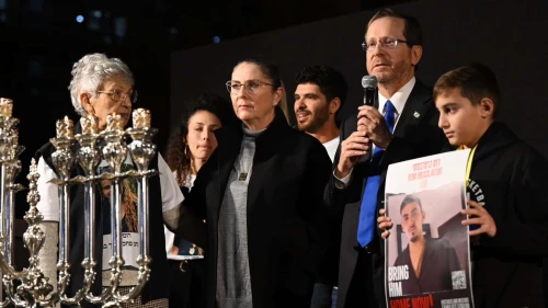 Israeli President Isaac Herzog lights Chanukah candles at “Hostage Square” in Tel Aviv, Dec. 14, 2023. Photo by Haim Zach/GPO.