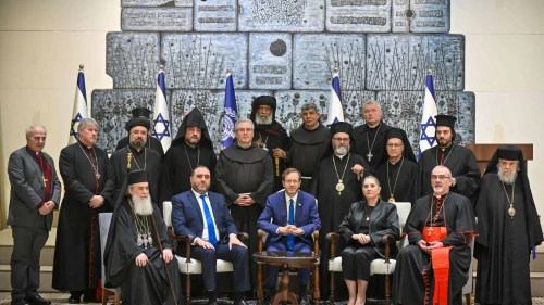 President Isaac Herzog (front center) hosts local Christian leaders, including Greek Patriarch Theophilos III (left center), at his official residence in Jerusalem, Dec. 21, 2023. Photo by Kobi Gideon/GPO.