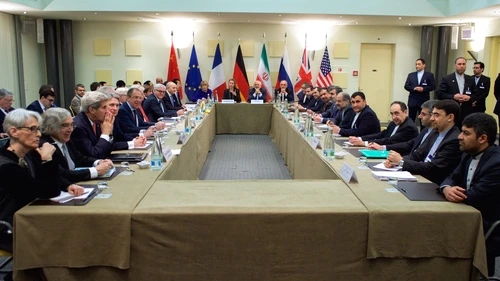 Foreign ministers and other officials from the P5+1 countries, the European Union, and Iran—including John Kerry of the United States, Philip Hammond of the United Kingdom, Sergey Lavrov of Russia, Frank-Walter Steinmeier of Germany, Laurent Fabius of France, Wang Yi of China, Federica Mogherini of the EU, and Javad Zarif of Iran—are pictured in Lausanne, Switzerland, on March 30, 2015, amid multilateral negotiations with Iran about the future of its nuclear program. Credit: United States Department of State.