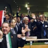 Members of the Palestinian delegation at the United Nations General Assembly celebrate on Nov. 29, 2012, upon the vote to upgrade Palestinian status to a nonmember observer state in the U.N. Credit: UN/Rick Bajornas.