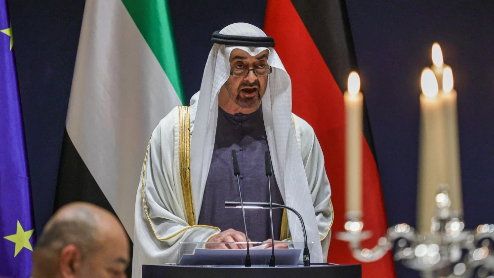 UAE president Sheikh Mohamed bin Zayed Al-Nahyan delivers a speech during during a gala dinner at the official presidential residence at the Spreebogen in Berlin on Sept. 10, 2026. Photo by Omer Messinger /POOL/AFP via Getty Images.