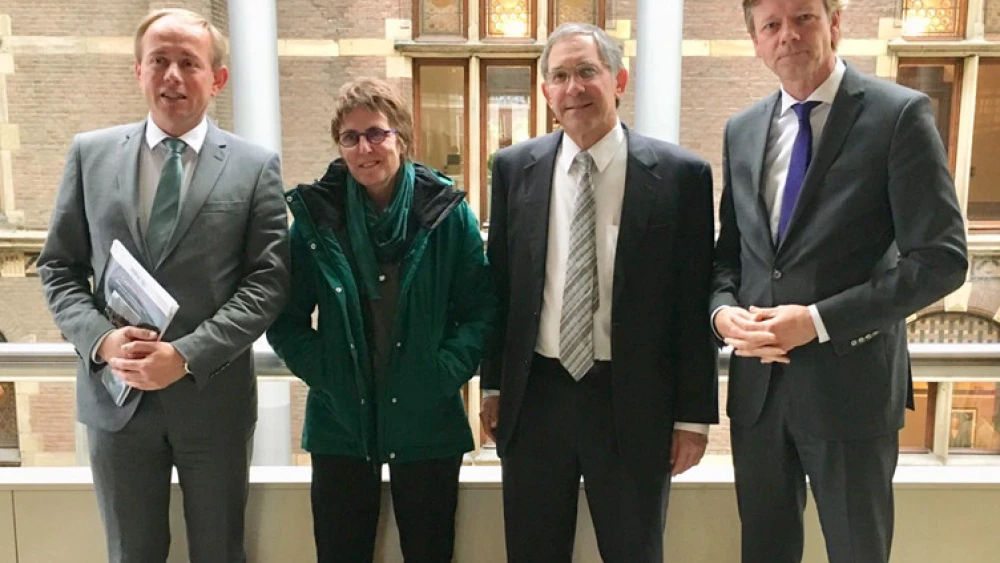 From left: Dutch Parliament members Kees van der Staaij, Kay Wilson and Joël Voordewind, with Itamar Marcus (third from left), director of the Palestinian Media Watch. Credit: PMW.