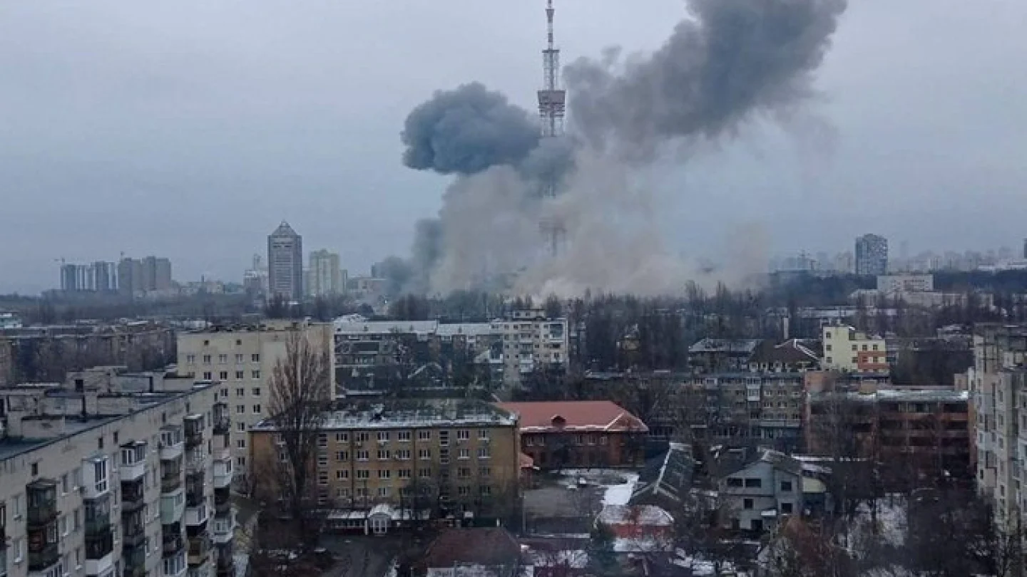A Russian military strike on a TV tower in Kiev, Ukraine, on March 1, 2022. Source: Twitter.