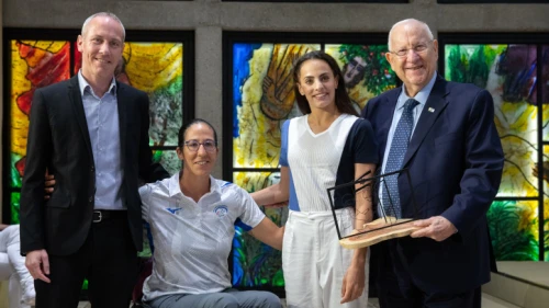 From left: Israeli Culture and Sports Minister Yehiel "Hili" Tropper, Paralympic rower Moran Samuel, gymnast Linoy Ashram and Israeli President Reuven Rivlin, at the President's Residence in Jerusalem, June 23, 2021. Photo by Olivier Fitoussi/Flash90.