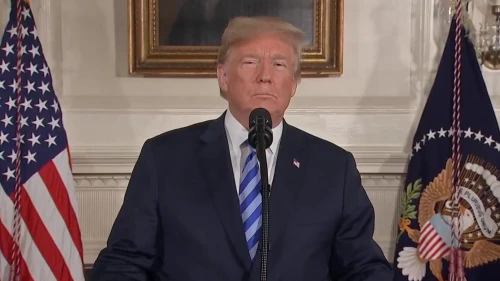 U.S. President Donald Trump announcing America’s withdrawal from the 2015 Iranian nuclear deal on May 8, 2018. Credit: Screenshot.