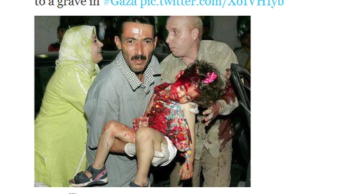 Click photo to download. Caption: Not only was the child pictured March 10 on Twitter not killed by Israel in recent fighting, as implied, but she was not killed by Israel at all. The picture was from 2006 and the girl died in an accident. Credit: Twitter.