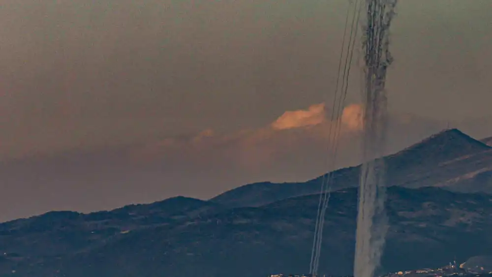 Rockets fired from Lebanon into northern Israel, as it seen from the Israeli side of the border. Feb. 26, 2024. Photo by Ayal Margolin/Flash90.