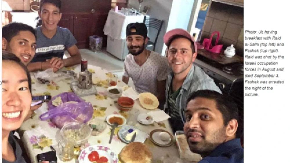 Photo of four IFPB tour participants meeting with Raed al-Salhi and Anas al-Saifi.