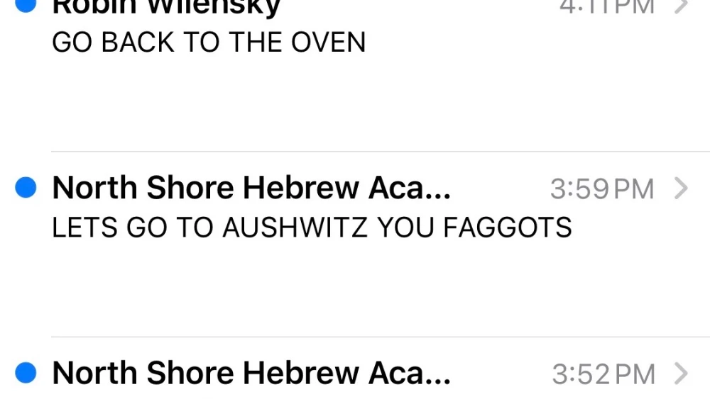 A view of the anti-Semitic hate mail received by students at the North Shore Hebrew Academy. Source: Screenshot.