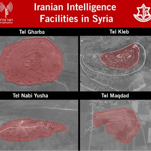 An aerial photo released by the Israeli Defense Forces on May 11, 2018, showing Iranian intelligence sites in Syria. (IDF Spokesperson)